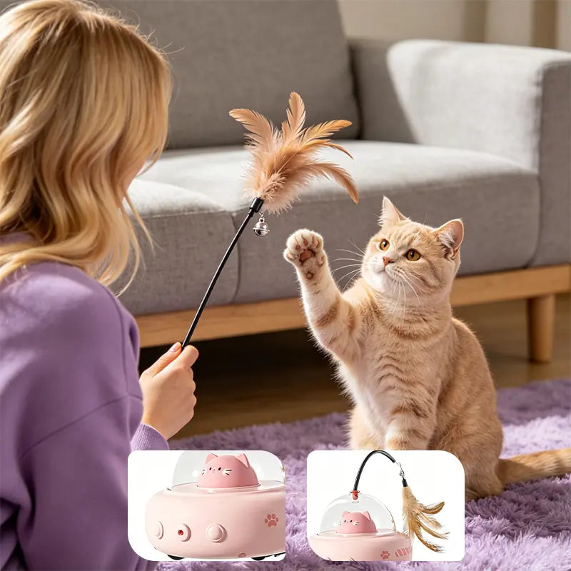 Cat Boredom Relief Toy, 2-In-1 Smart Laser & Feather Wand, Automatic Rotating Interactive Toy for Indoor Cats, Durable Anti-Demolition Self-Play, Electric Pet Toy for Furry Friends