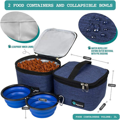 Dog Travel Bag Organizer, Pet Travel Kit with 2 Food Containers & 2 Collapsible Dog Bowls, Pet Supplies Tote with Luggage Sleeve, Weekend Road Trip Camping Essentials, Navy Blue, Medium