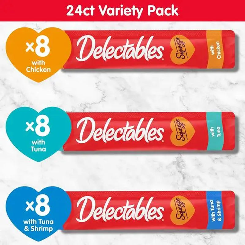 Delectables Squeeze up Cat Treats Variety Pack - Creamy Lickable Puree - Grain Free, No Fillers or Preservatives - 0.5Oz Tubes, 24 Count