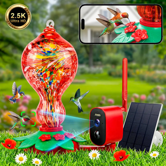 Smart Hummingbird Feeder with Camera, 2.5K HD Hand Blown Glass Bird Feeders for Outdoors, 47.07 Oz Solar Powered with AI Bird ID, Auto Capture, Motion Alert, Ant Moat, Alexa & Google Compatible, Gift for Bird Lovers & Father'S Day Gift