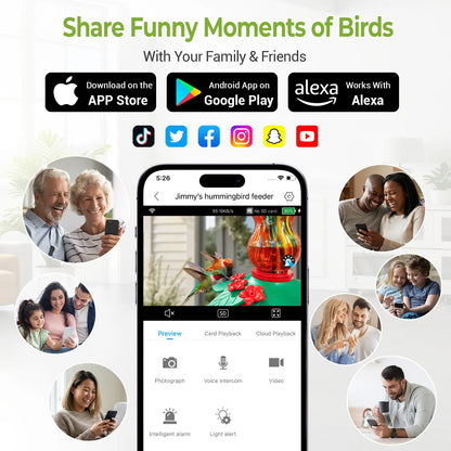 Smart Hummingbird Feeder with Camera, 2.5K HD Hand Blown Glass Bird Feeders for Outdoors, 47.07 Oz Solar Powered with AI Bird ID, Auto Capture, Motion Alert, Ant Moat, Alexa & Google Compatible, Gift for Bird Lovers & Father'S Day Gift