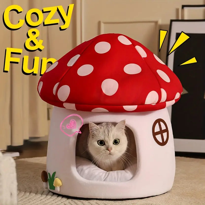 Cute Mushroom Cat House, Semi-Enclosed Hideaway, All-Season Bed for Indoor Small Cats