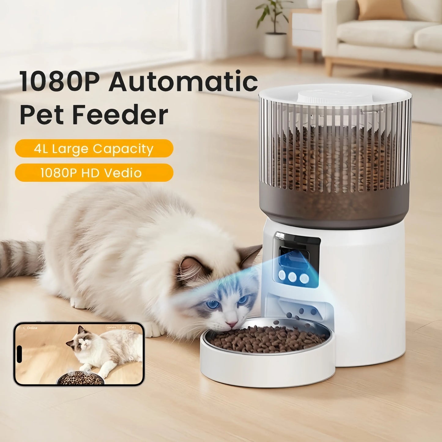 [Meynnpet] Smart Pet Feeder/4L Large Capacity/2K Ultra Hd/Dual Voice Interaction/160°Wide Angle/Smart App Control/Suitable for Cats Dogs and Multiple Pets Food Maker Automatic
