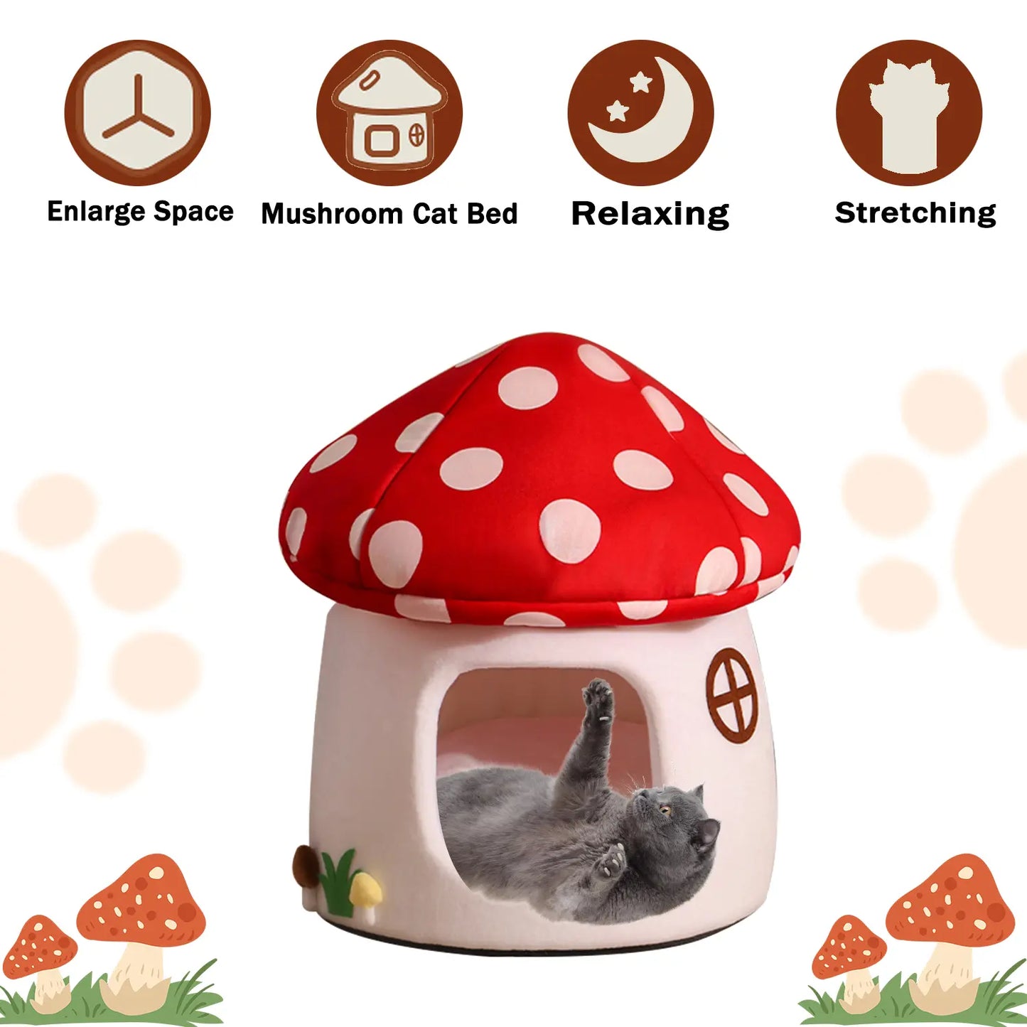 Cute Mushroom Cat House, Semi-Enclosed Hideaway, All-Season Bed for Indoor Small Cats