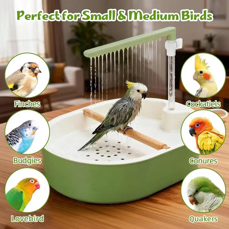 Automatic Bird Bath Tub with Water Shower & Wooden Perch for Cockatiels & Budgies