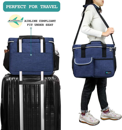 Dog Travel Bag Organizer, Pet Travel Kit with 2 Food Containers & 2 Collapsible Dog Bowls, Pet Supplies Tote with Luggage Sleeve, Weekend Road Trip Camping Essentials, Navy Blue, Medium