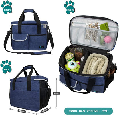 Dog Travel Bag Organizer, Pet Travel Kit with 2 Food Containers & 2 Collapsible Dog Bowls, Pet Supplies Tote with Luggage Sleeve, Weekend Road Trip Camping Essentials, Navy Blue, Medium