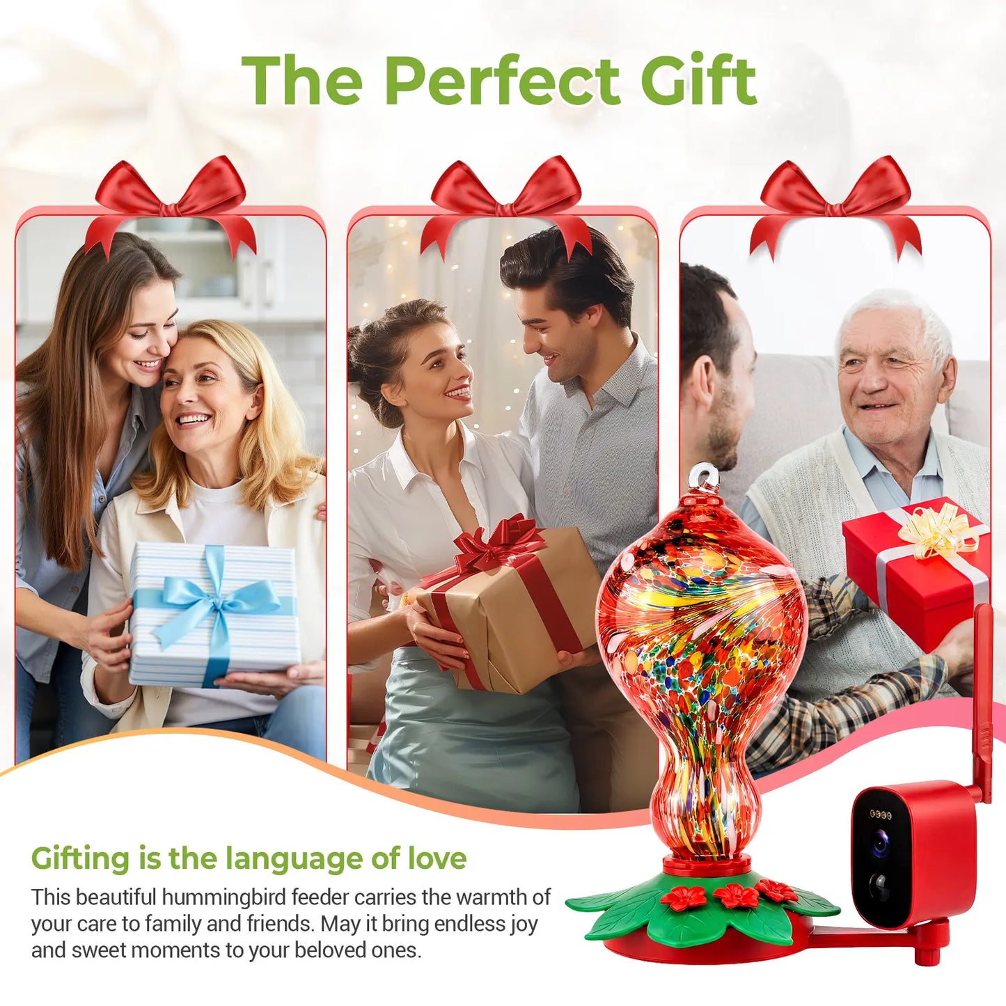 Smart Hummingbird Feeder with Camera, 2.5K HD Hand Blown Glass Bird Feeders for Outdoors, 47.07 Oz Solar Powered with AI Bird ID, Auto Capture, Motion Alert, Ant Moat, Alexa & Google Compatible, Gift for Bird Lovers & Father'S Day Gift