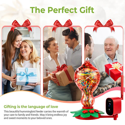 Smart Hummingbird Feeder with Camera, 2.5K HD Hand Blown Glass Bird Feeders for Outdoors, 47.07 Oz Solar Powered with AI Bird ID, Auto Capture, Motion Alert, Ant Moat, Alexa & Google Compatible, Gift for Bird Lovers & Father'S Day Gift