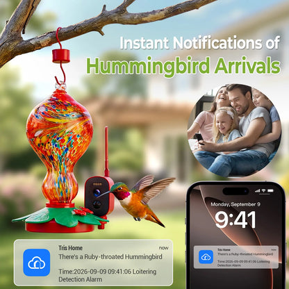 Smart Hummingbird Feeder with Camera, 2.5K HD Hand Blown Glass Bird Feeders for Outdoors, 47.07 Oz Solar Powered with AI Bird ID, Auto Capture, Motion Alert, Ant Moat, Alexa & Google Compatible, Gift for Bird Lovers & Father'S Day Gift