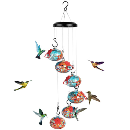 Hummingbird Feeder with Perch - 6 Hand-Blown Glass Feeders, 12 Silicone Flower Ports (Standard + Perch Style), Wind Chime Cascade Design, Outdoor Garden Decor, Mom & Grandma Gift
