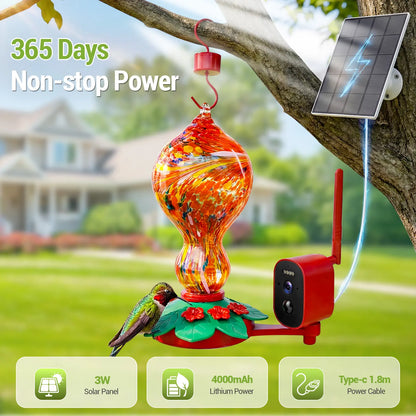 Smart Hummingbird Feeder with Camera, 2.5K HD Hand Blown Glass Bird Feeders for Outdoors, 47.07 Oz Solar Powered with AI Bird ID, Auto Capture, Motion Alert, Ant Moat, Alexa & Google Compatible, Gift for Bird Lovers & Father'S Day Gift