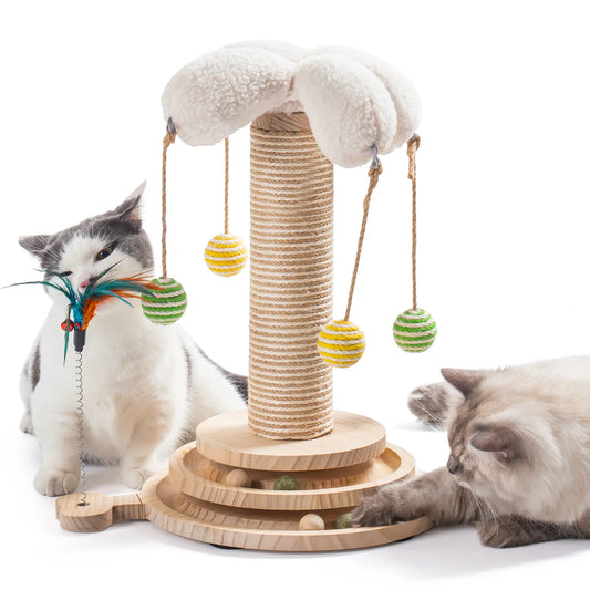 Sisal Cat Scratching Post, Sisal Rope for Indoor Cats, Fountain Vertical Cat Scratcher with Feather Interatcive Toys, Ball Track Toy, Hanging Ball Toy