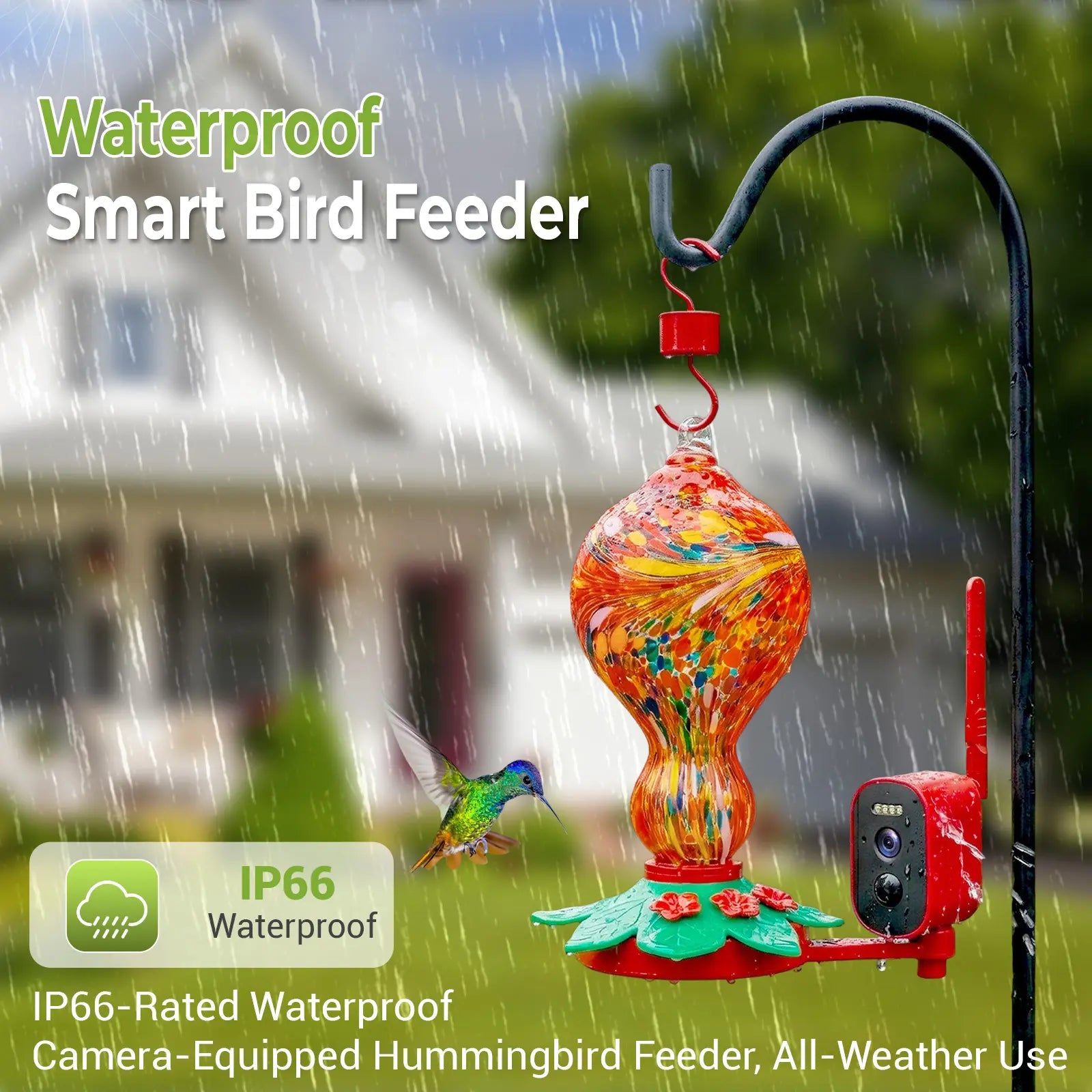 Smart Hummingbird Feeder with Camera, 2.5K HD Hand Blown Glass Bird Feeders for Outdoors, 47.07 Oz Solar Powered with AI Bird ID, Auto Capture, Motion Alert, Ant Moat, Alexa & Google Compatible, Gift for Bird Lovers & Father'S Day Gift