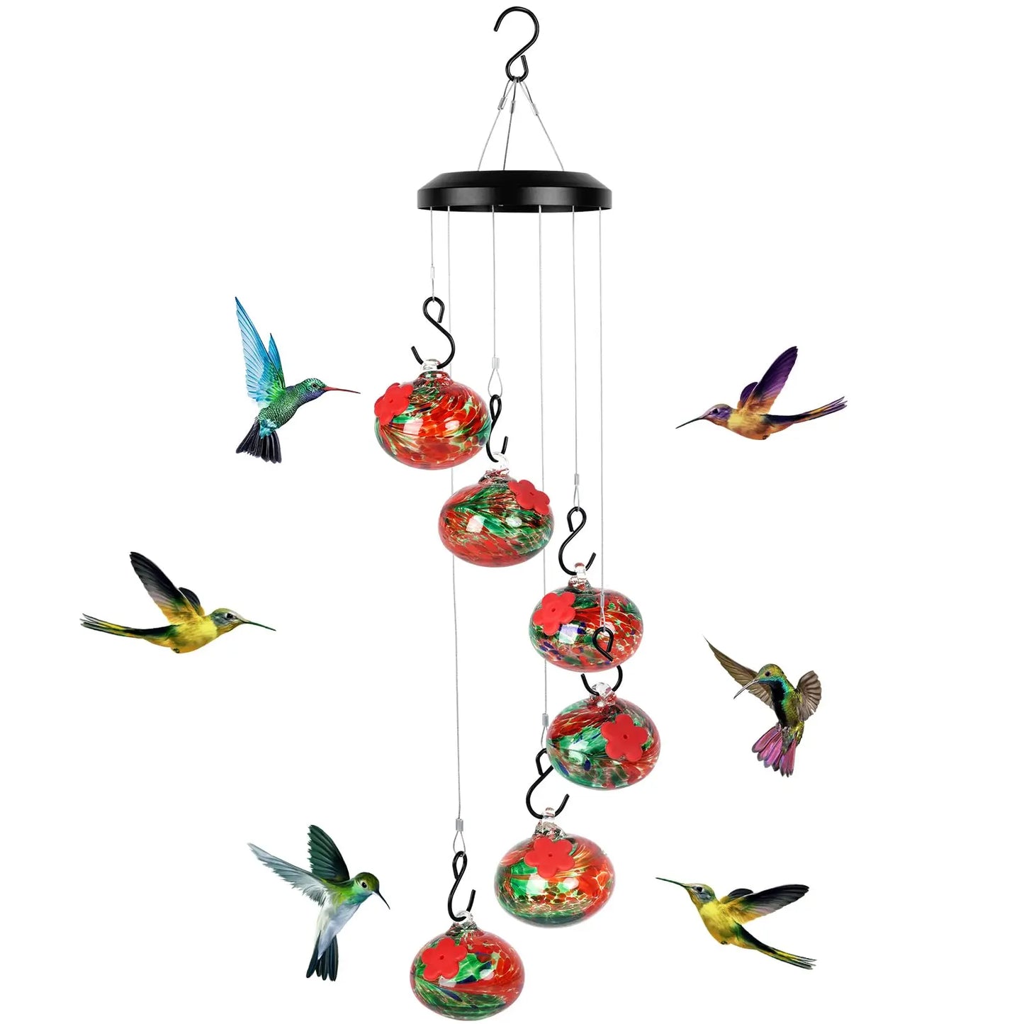 Hummingbird Feeder with Perch - 6 Hand-Blown Glass Feeders, 12 Silicone Flower Ports (Standard + Perch Style), Wind Chime Cascade Design, Outdoor Garden Decor, Mom & Grandma Gift