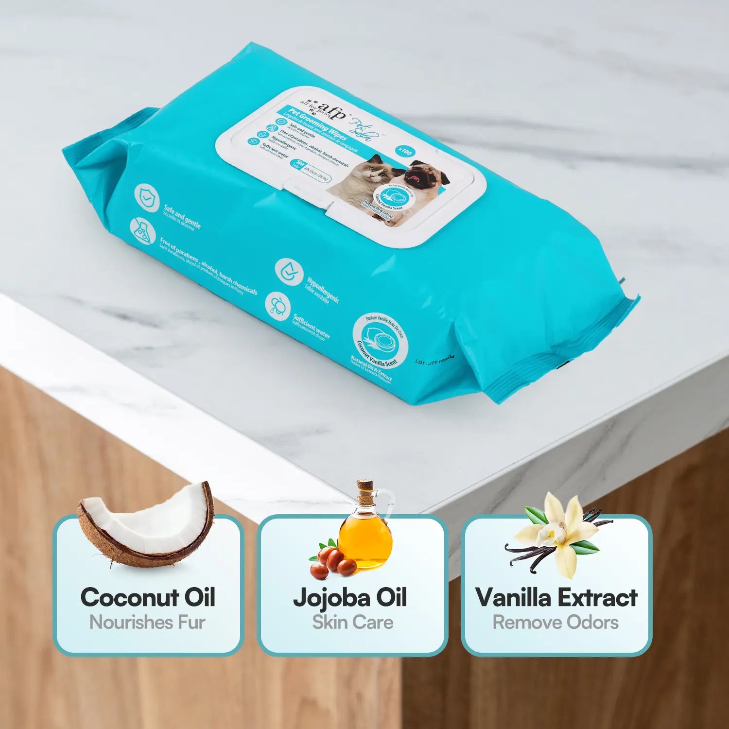 Allforpaws Pet Glove Wipes 100Pcs Coconut Vanilla Flavored Alcohol-Free Cleaning Wipes Grooming Wipes Jumbo Deodorizing Grooming Wipes with Jojoba & Coconut Oils for Safe Hydration and Odor Control