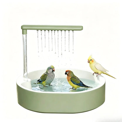 Automatic Bird Bath Tub with Water Shower & Wooden Perch for Cockatiels & Budgies