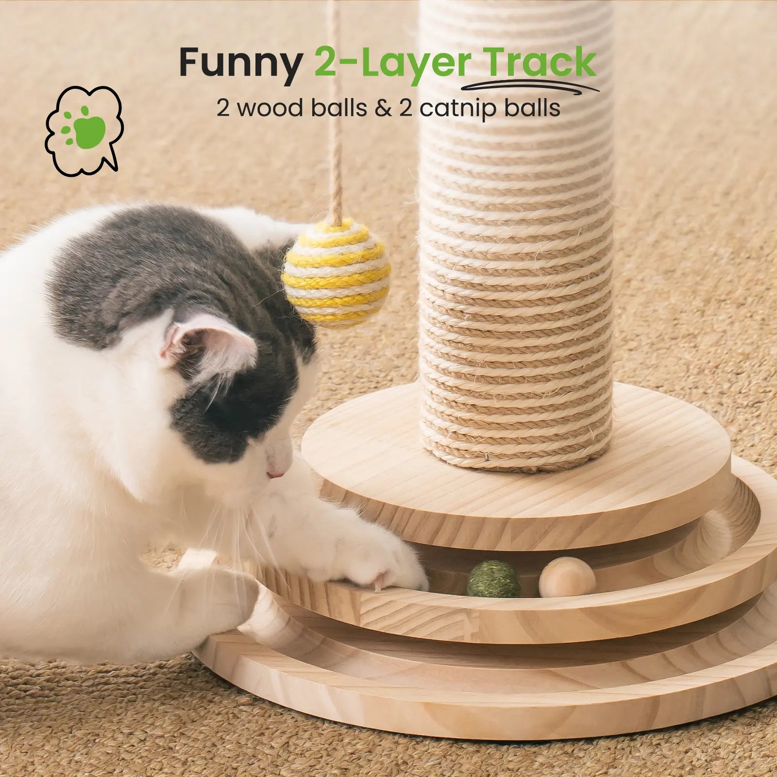 Sisal Cat Scratching Post, Sisal Rope for Indoor Cats, Fountain Vertical Cat Scratcher with Feather Interatcive Toys, Ball Track Toy, Hanging Ball Toy